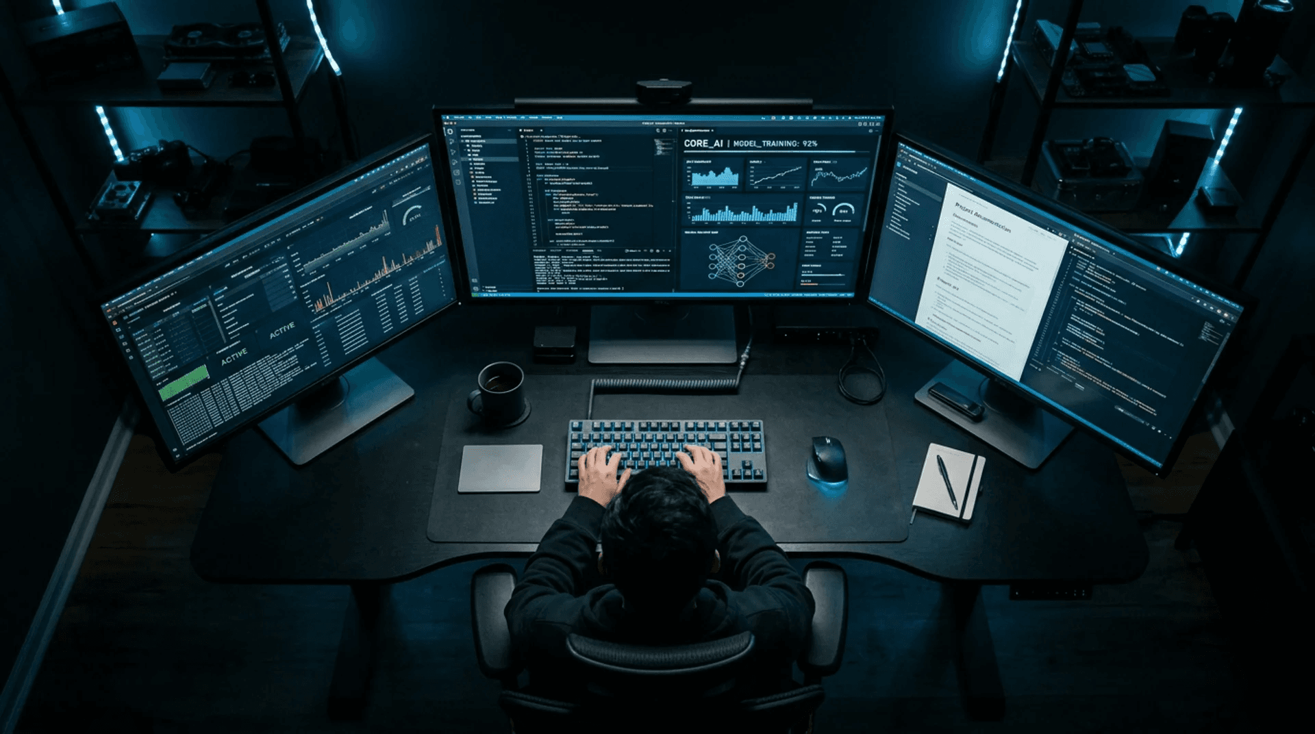 BDK Studios founder working at a multi-monitor AI command center