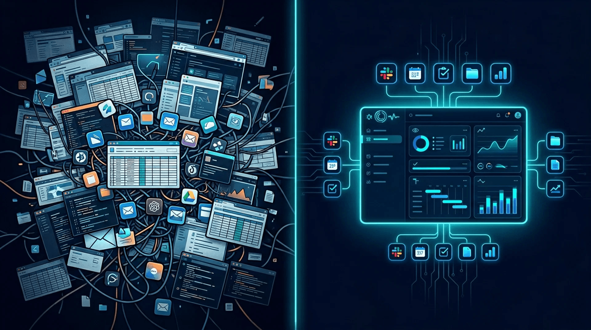 Before and after: scattered tools and spreadsheets unified into one clean dashboard
