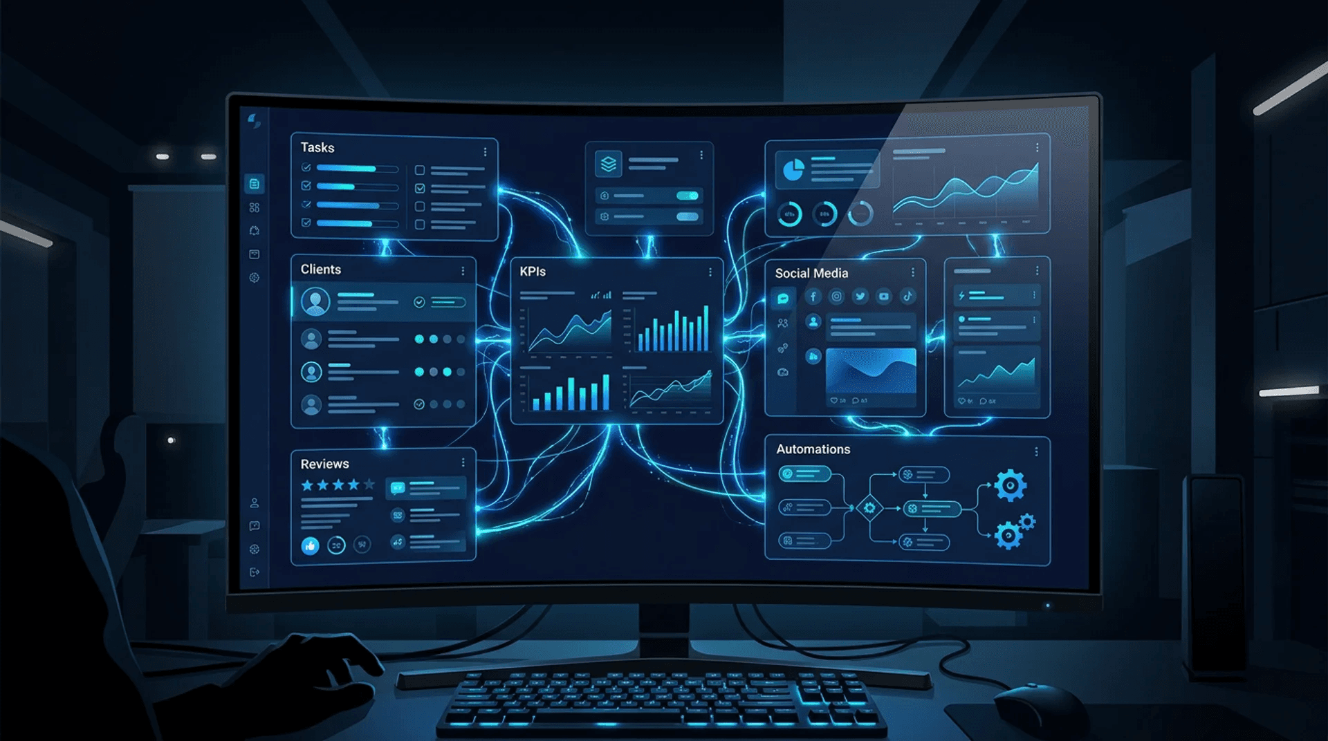 Enterprise client unified dashboard showing tasks, clients, KPIs, social media, reviews, and automations